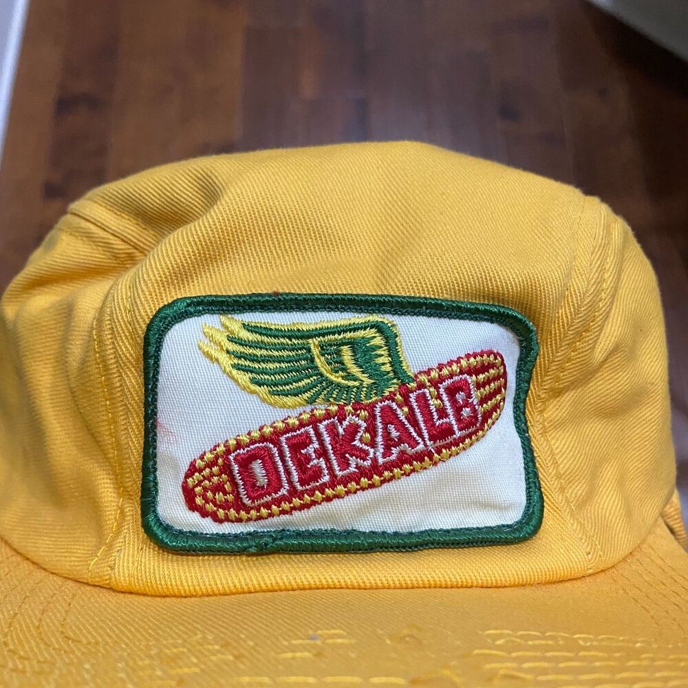K Brand Vintage 80s Dekalb Farm Seed Yellow Green Fitted Cap Mens Size 7 1/4 - Picture 2 of 7